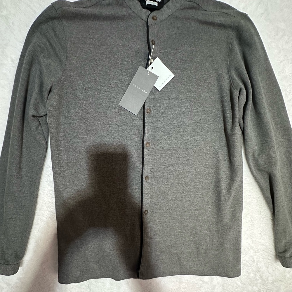 Zara Man Grey Mandarin Collar Button-Up Shirt Regular Fit Size L Zara